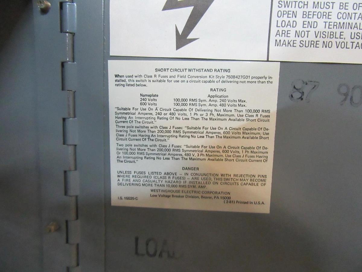 Used WETINGHOUSE FUSE PANELBOARD SWITCH FDP365R 400 AMP 600 VAC 350 HP 3-POLE