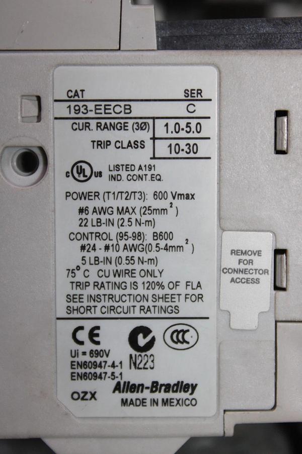Used ALLEN BRADLEY STARTER 100-C23*10 30 AMP 600 VAC 3-POLE 15 HP W/ 193-EECB