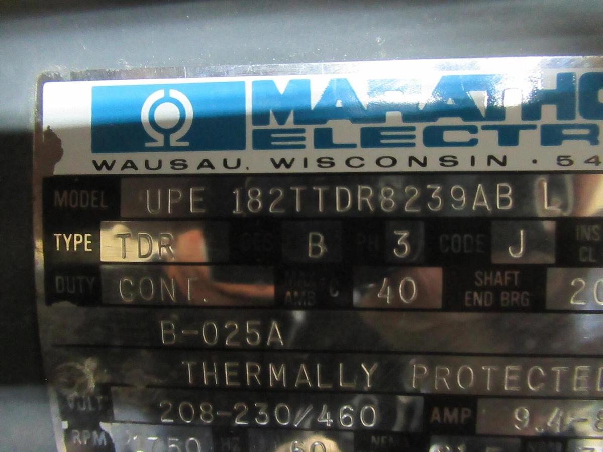 Used MARATHON TDR AC MOTOR 3HP 208-230/460 VOLT 9.4A 60 HZ 1750 RPM 182T FRAME