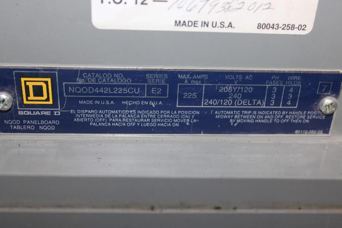 Used SQUARE D TYPE 1 MLO SERVICE PANEL NQOD442L225CU MHC35SHR 225 AMP 42-SLOT 240V
