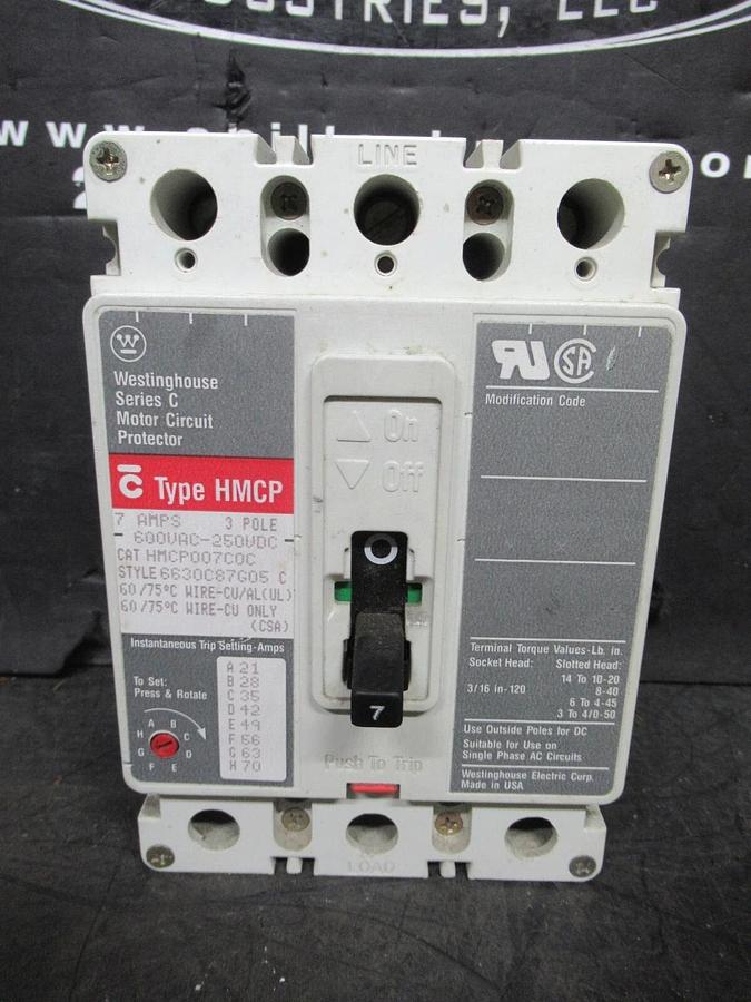 Used CUTLER HAMMER BREAKER HMCP007COC 7 AMP 3-POLE 600 VAC 250 VDC W/ LUGS