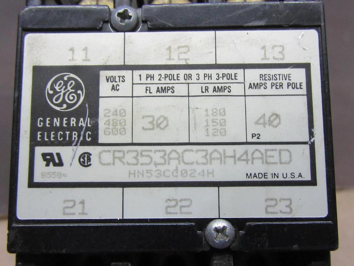 Used GE CONTACTOR CR353AC3AH4AED 600 VAC 30 AMP 3-POLE 3-PHASE COIL: 24 VOLT