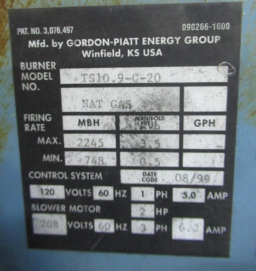 Used GORDON-PIATT NATURAL GAS BURNER TS10.9-G-20 2245 MBH 208 VOLT 6.2 AMP AN816046