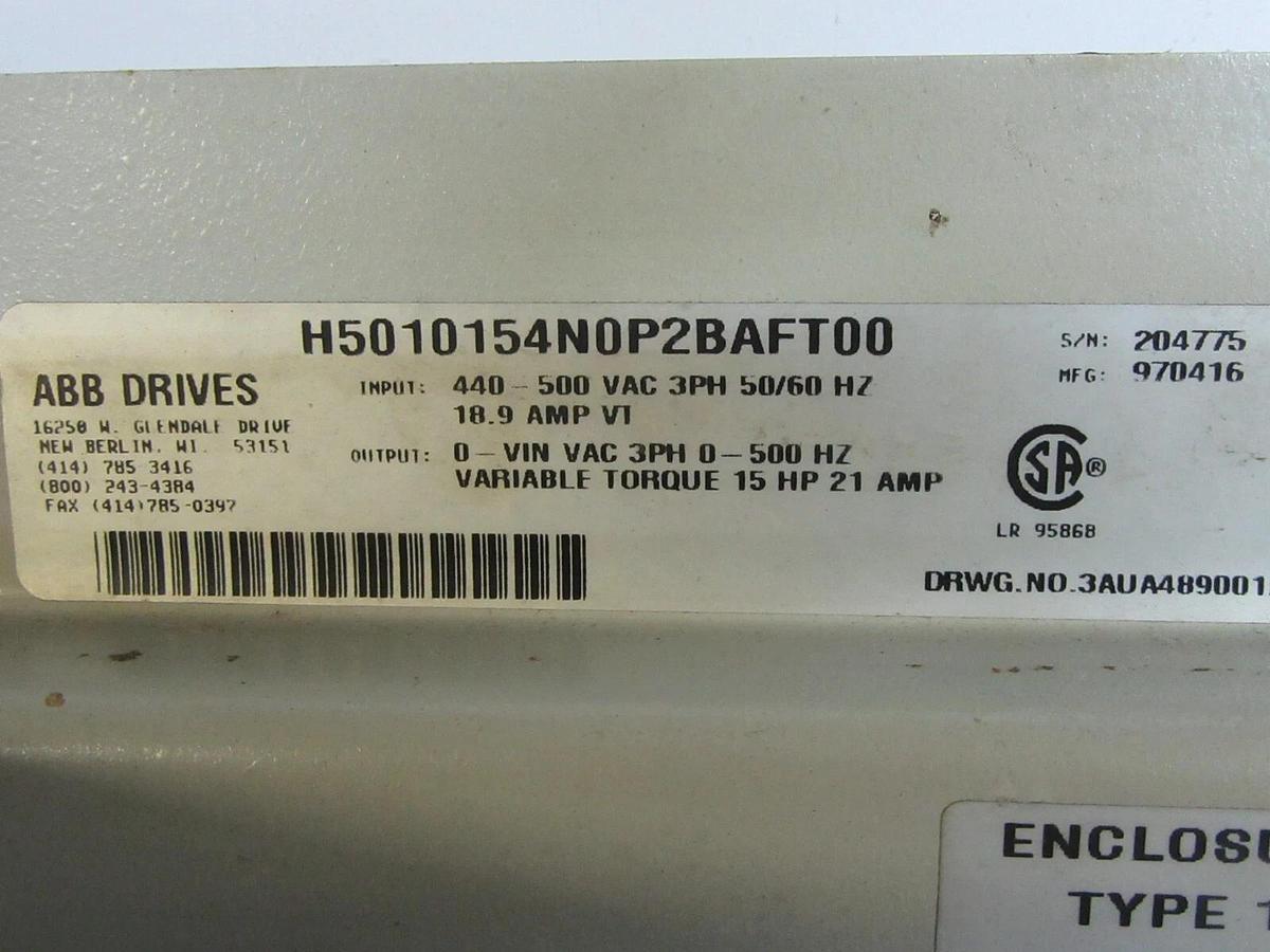 Used ABB VARIABLE SPEED DRIVE H5010154N0P2BAFT00 480 VAC 15 HP 3-PHASE ACH-500