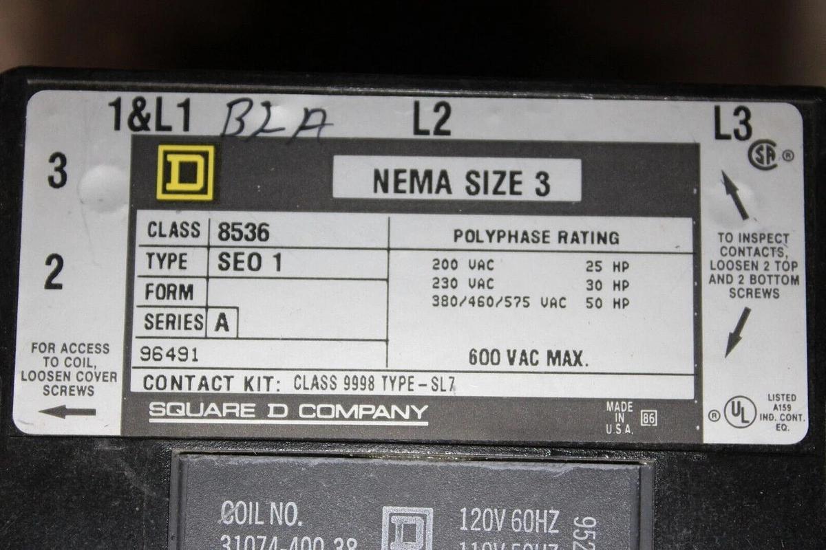 Used SQUARE D REVERSING CONTACTOR 8536SEO1 SIZE 3 90 AMP 600 VAC 8502SEO1 600V
