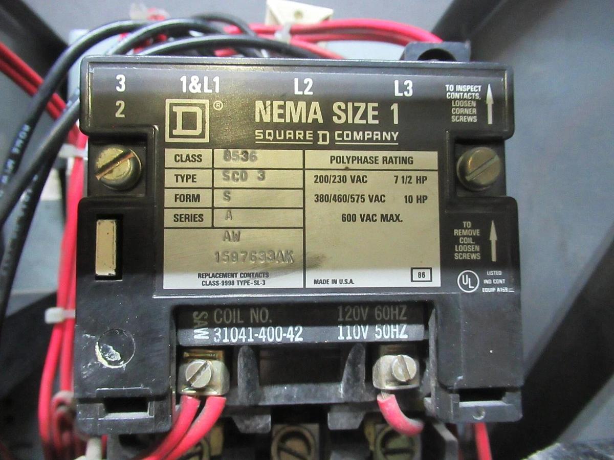 Used SQUARE D MCC MOTOR CONTROL STARTER 12" MODEL 5 W/ NEMA SIZE 1 8536SCO3 10 HP