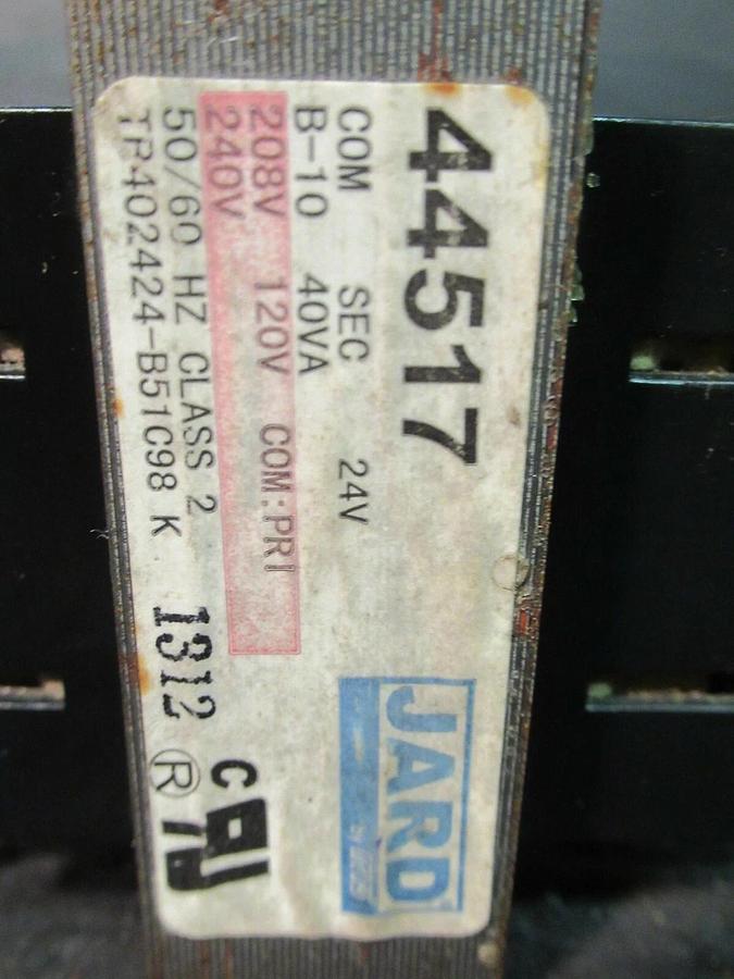 Used 0.04 KVA (40 VA) JARD OPEN CONTROL TRANSFORMER 240 208 120 V TO 24 VAC 44517
