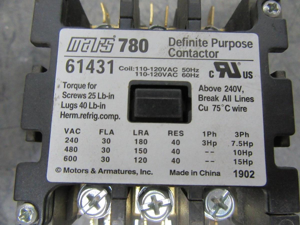 Used MARS 780 CONTACTOR 61431 600 VAC 30 AMP 15 HP 3-POLE COIL: 120 VAC