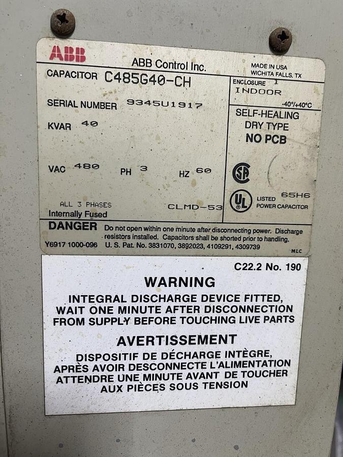 Used ABB LVNQ SELF-HEALING CONTROL CAPACITOR C485G40-CH NEMA 1 40 KVAR 480VAC 3-PHASE