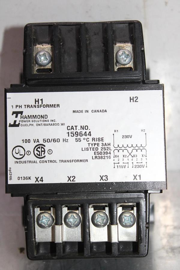 Used HAMMOND CONTROL TRANSFORMER 159644 SINGLE PHASE 100 VA 230V HIGH 115/230V LOW