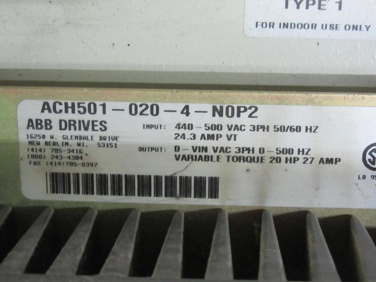 Used ABB VARIABLE SPEED DRIVE H5010204N0P2BAFV00 480 VAC 20 HP 3-PHASE ACH-500