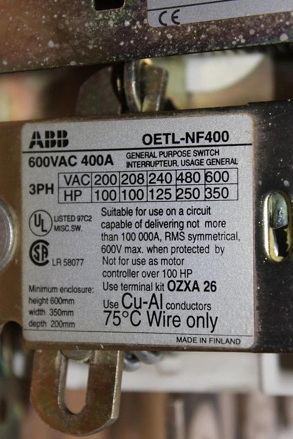 Used ABB OETL-NF400 GENERAL PURPOSE SWITCH 600 VAC 400 AMP 350 HP 3-PHASE