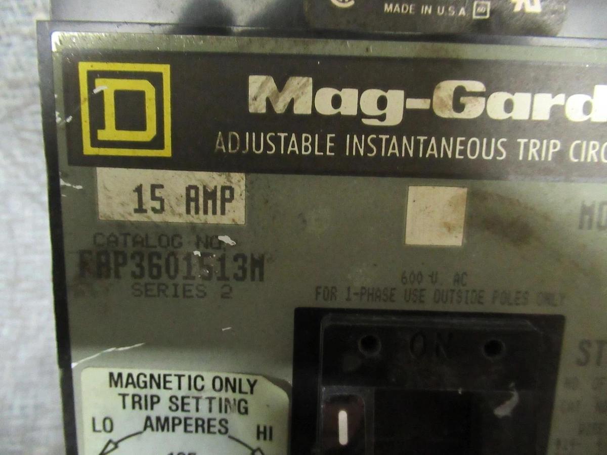 Used SQUARE D MAG-GARD BREAKER 15 AMP 600 VAC 3 POLE MODEL FAP3601513M SER 2
