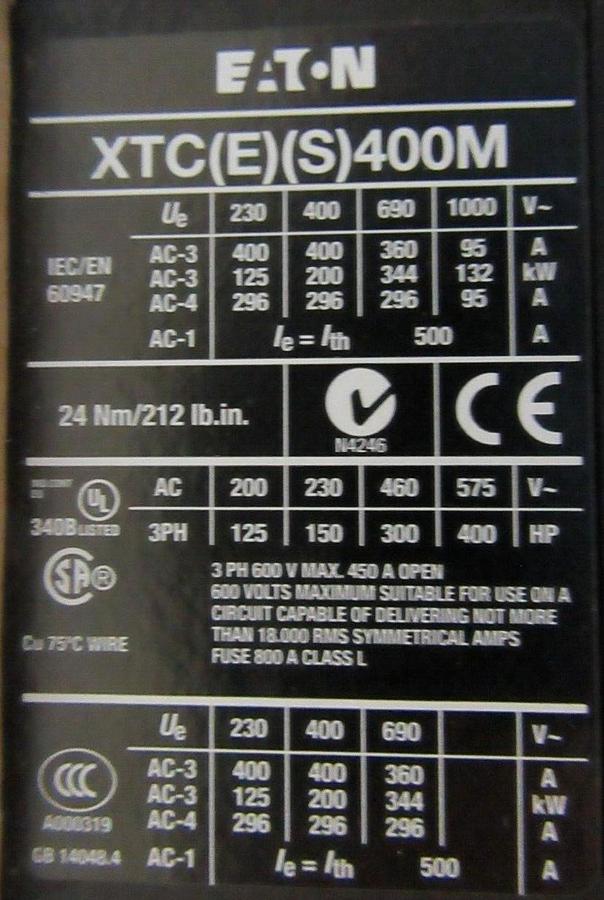 Used EATON CONTACTOR XTCE400M 600 VAC 450 AMP 400 HP 3-POLE 3-PHASE COIL: 24-48 VDC