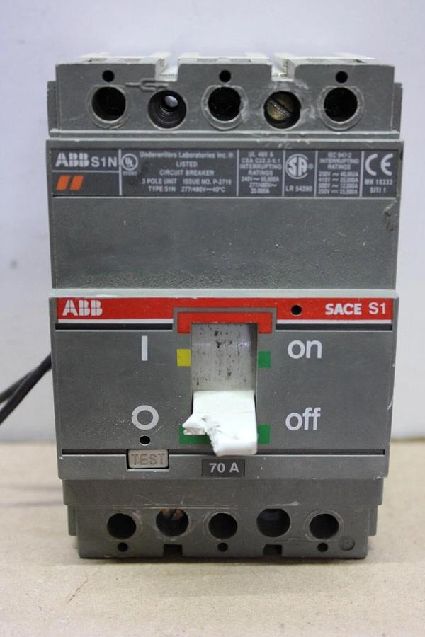 Used ABB CIRCUIT BREAKER SACE S1N 70 AMP 600 VOLT 3-POLE SACE S1