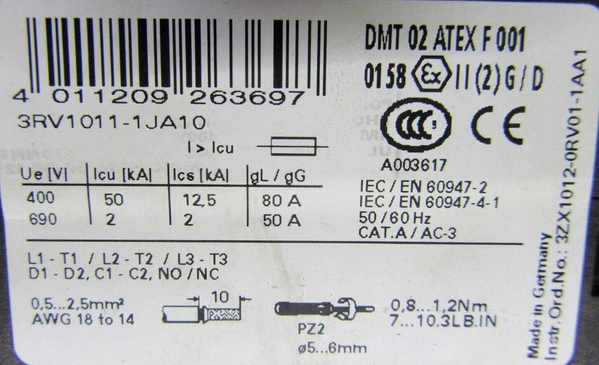 Used SIEMENS MOTOR SAVER 3RV1011-1JA10 600 VOLT 10 AMP 3-PHASE **WARRANTY**