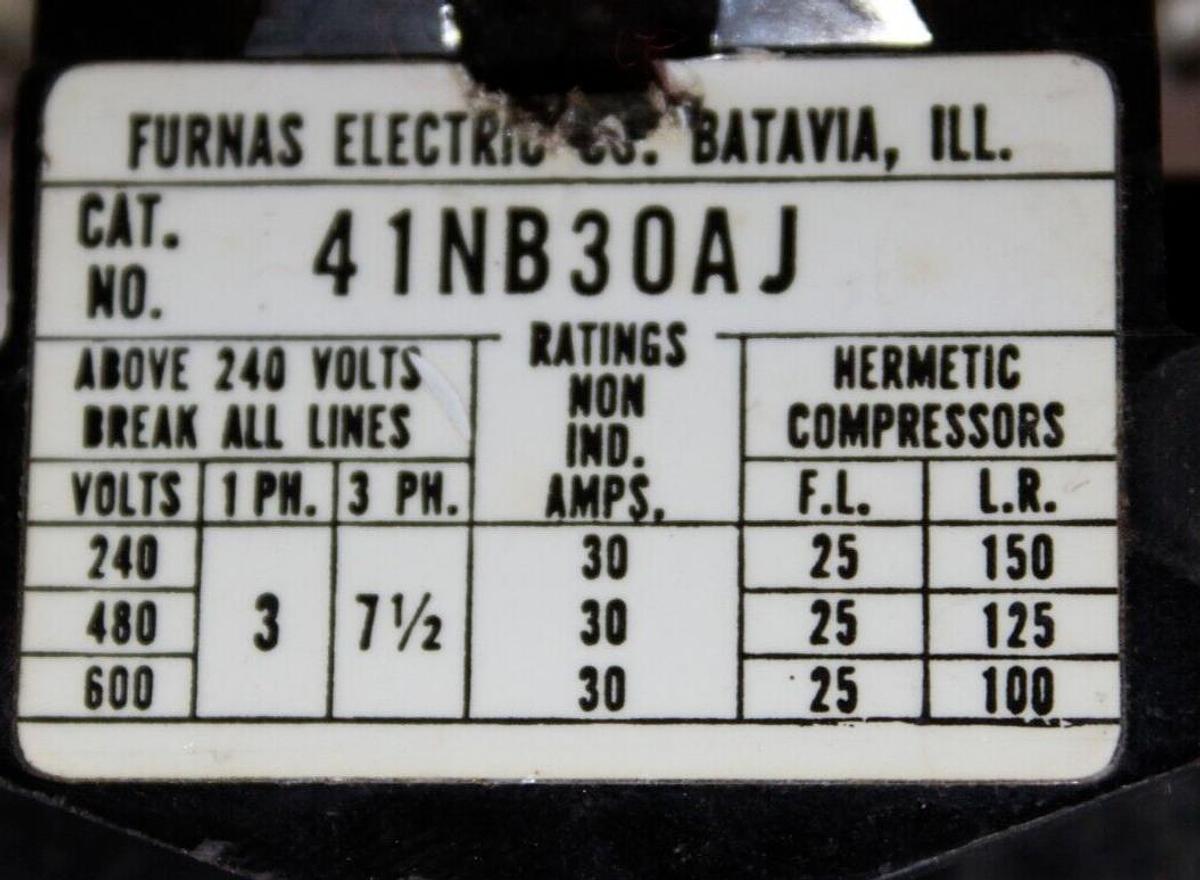 Used FURNAS CONTACTOR 41NB30AJ 25 AMP 3-POLE 3-PHASE 600 VAC 7.5 HP