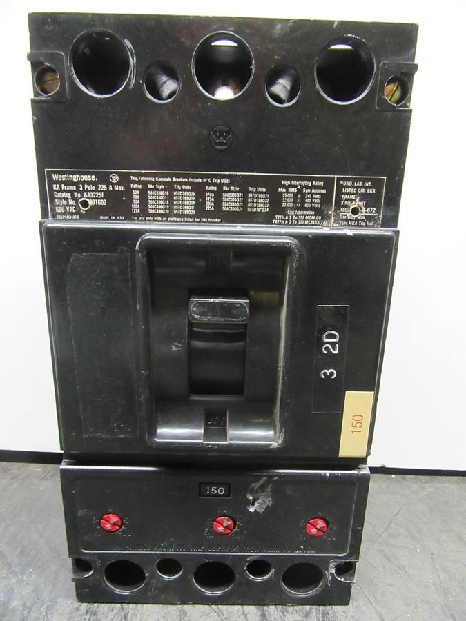 Used WESTINGHOUSE 3-POLE CIRCUIT BREAKER KA3225F 225 AMP FRAME 150 AMP TRIP 600 VAC