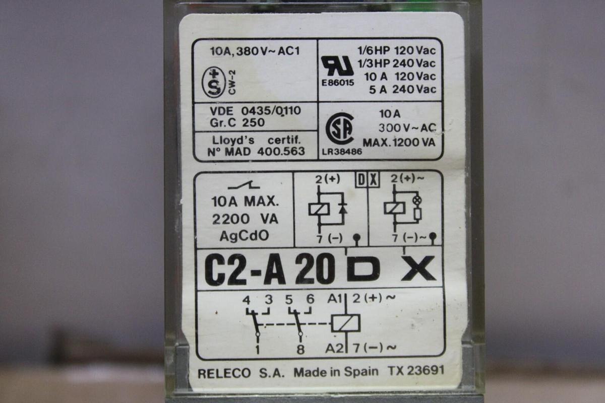 Used LOT OF 2 RELECO MR-C RELAYS C2-A-20-D-X 120/240 VAC 10 AMP *WARRANTY*