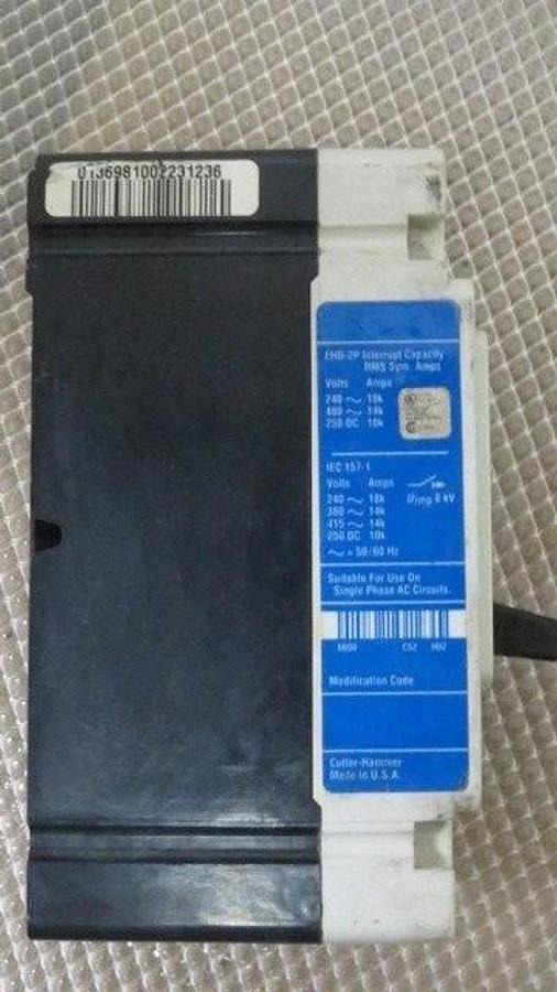 Used CUTLER HAMMER WESTINGHOUSE EHD 14K BREAKER 15 AMP 480 VAC 2 POLE MODEL EHD2015