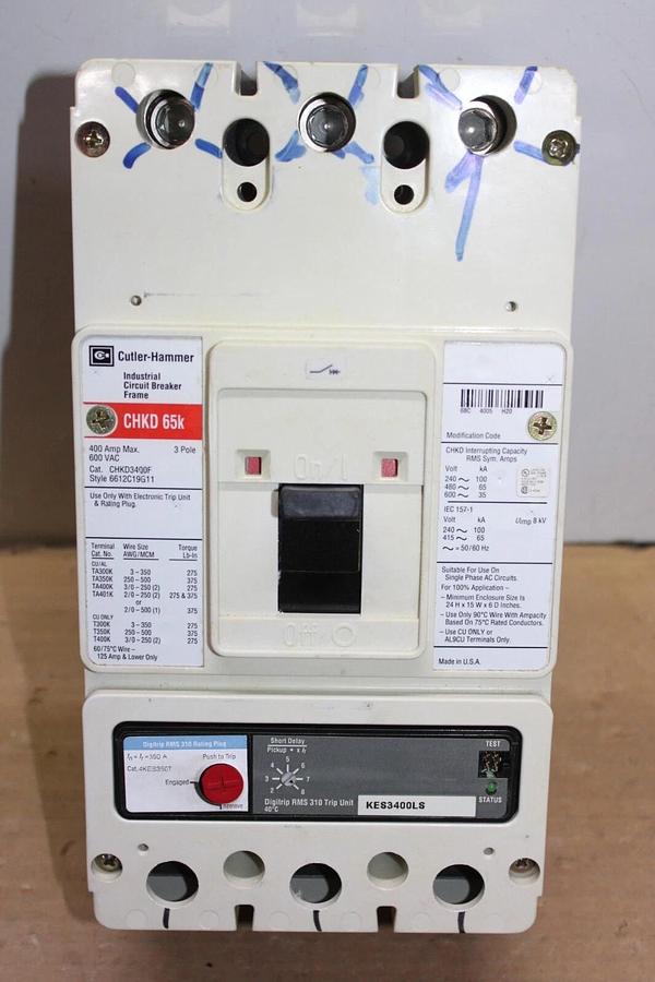 Used CUTLER HAMMER CIRCUIT BREAKER CHKD3400F 400 AMP 350 AMP TRIP 600 VAC 3-POLE