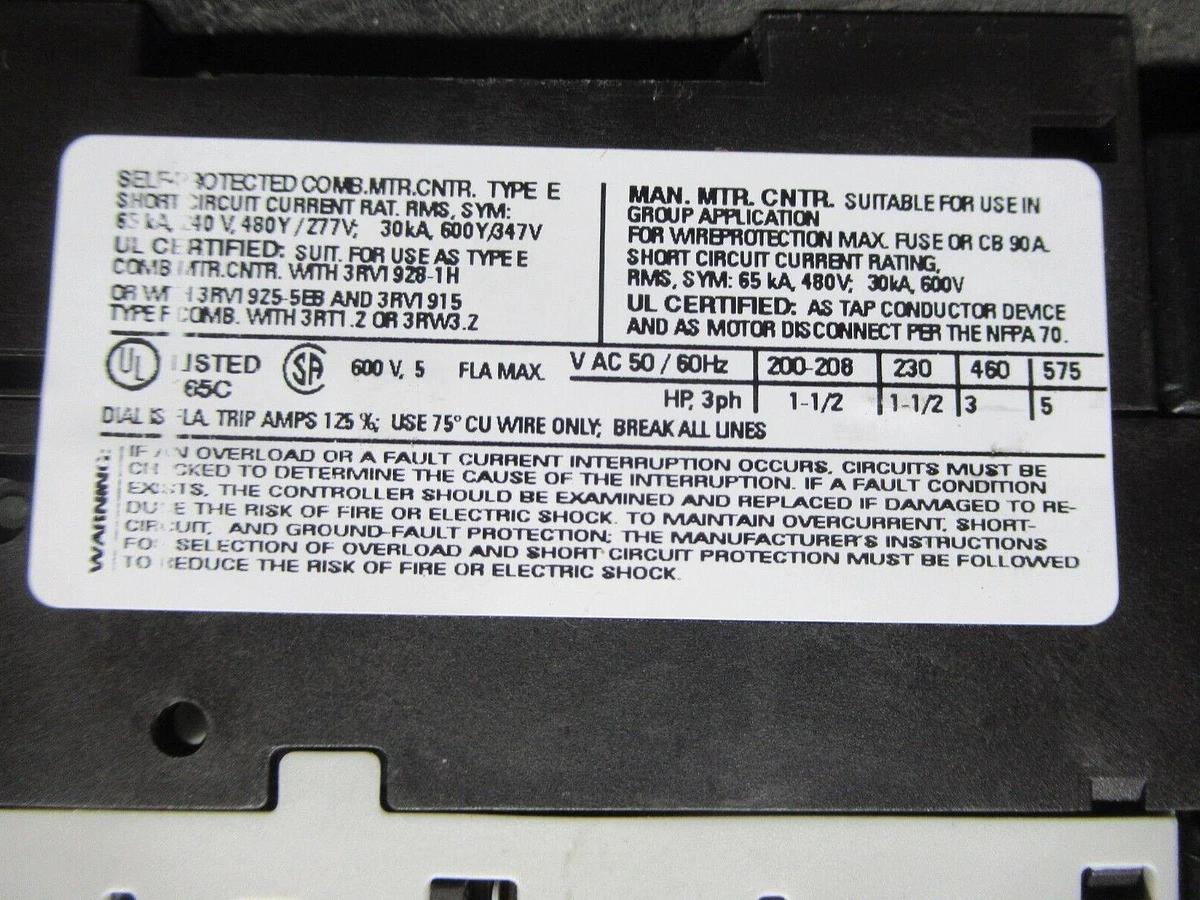 Used SIEMENS MANUAL MOTOR STARTER 3RV1021-1FA10 W/ 3RT1023-1A..0 600 VAC 7.5 HP