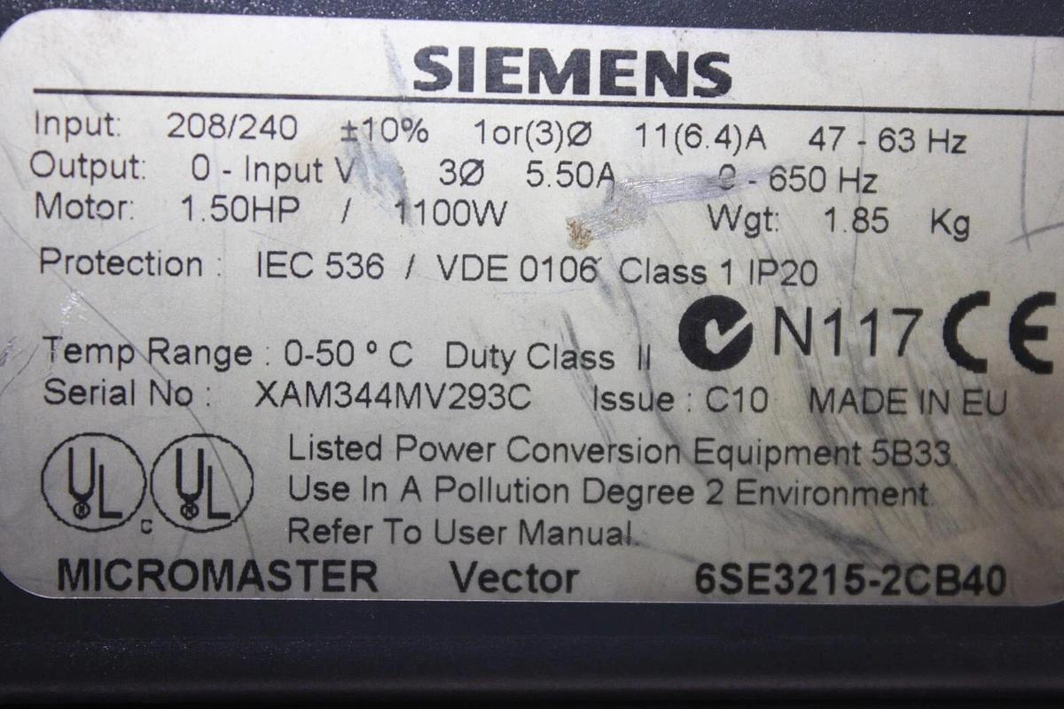 Used SIEMENS MICROMASTER VECTOR DRIVE 6SE3215-2CB40 240V 5.5 AMP 1.5 HP