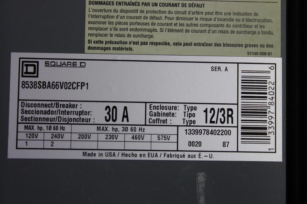 Used SQUARE D COMBINATION STARTER 8538SBA66V02CFP1 30 AMP 600 VAC TYPE 12/3R