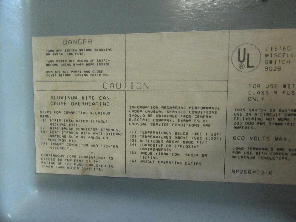 Used GE QMR PANELBOARD FUSIBLE DISCONNECT QMR365R 400 AMP 600 VAC 350 HP 3-PHASE