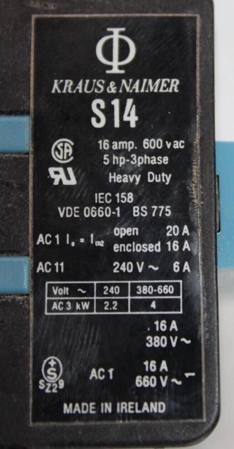 Used KRAUS & NAIMER CONTACTOR S14 103023 16 AMP 600 VAC 3-PHASE 5 HP COIL: 48VDC