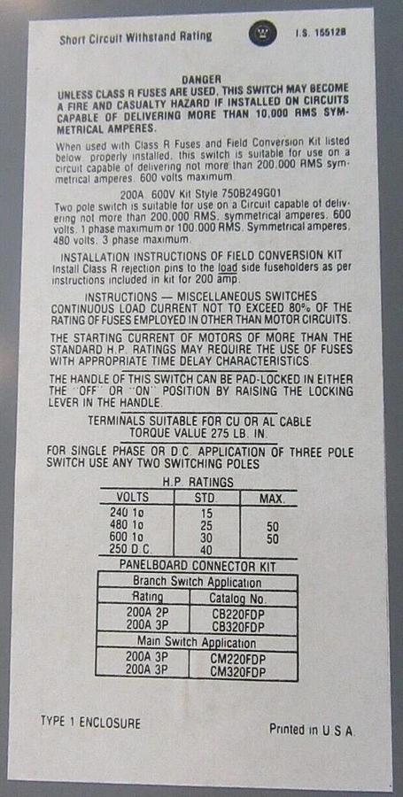 Used WETINGHOUSE FUSE PANELBOARD SWITCH  FDPS364R 200 AMP 600 VAC 50 HP 3-POLE