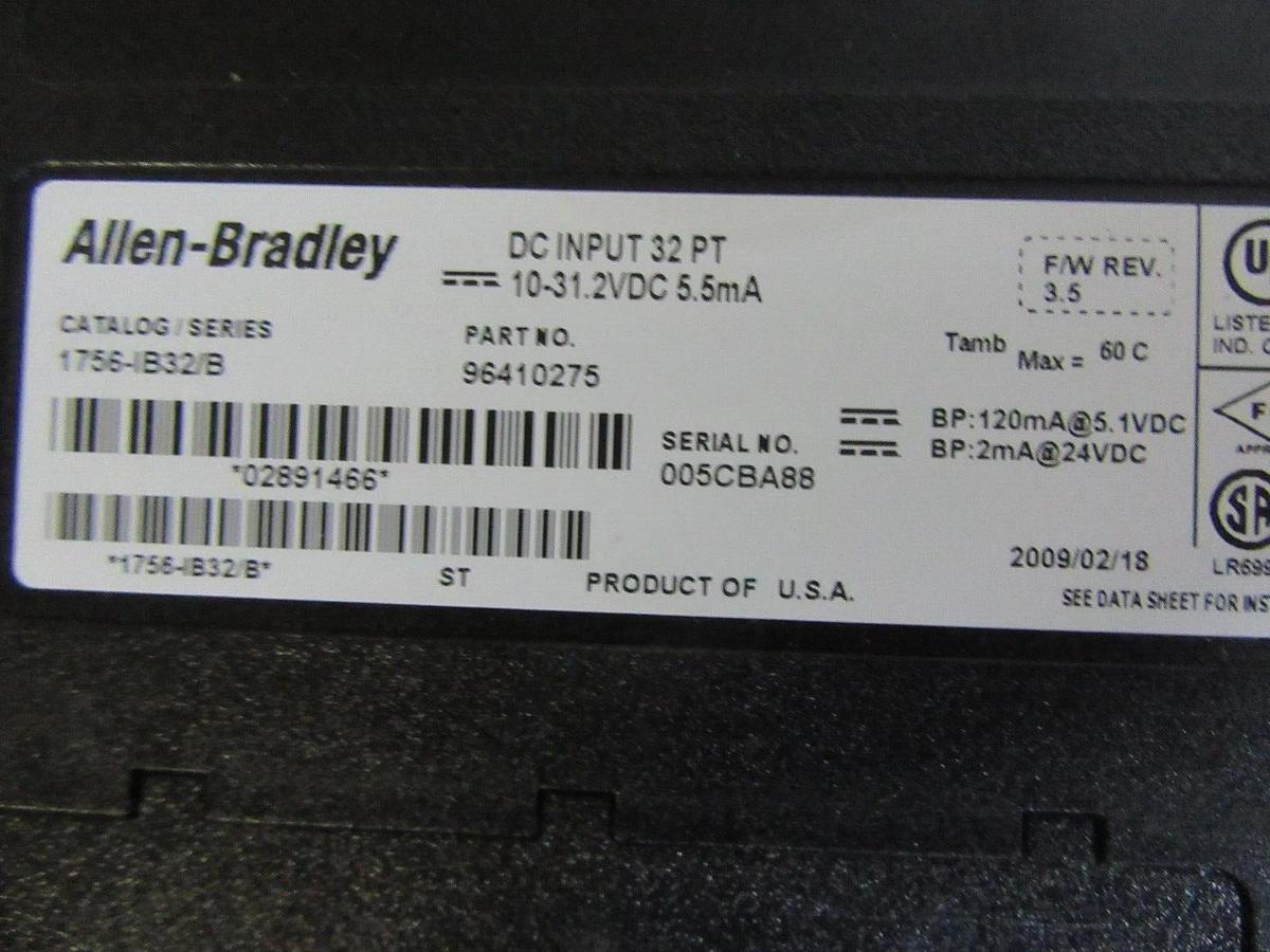 Used ALLEN BRADLEY DC INPUT 32 PT 1756-IB32/B 96410275 10-31.2 VDC 5.5 mA *WARRANTY*