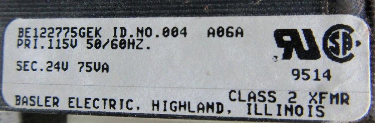 Used BASLER ELECTRIC TRANSFORMER BE122775GEK PRI: 115 VOLT SEC: 24 VOLT 75 VA