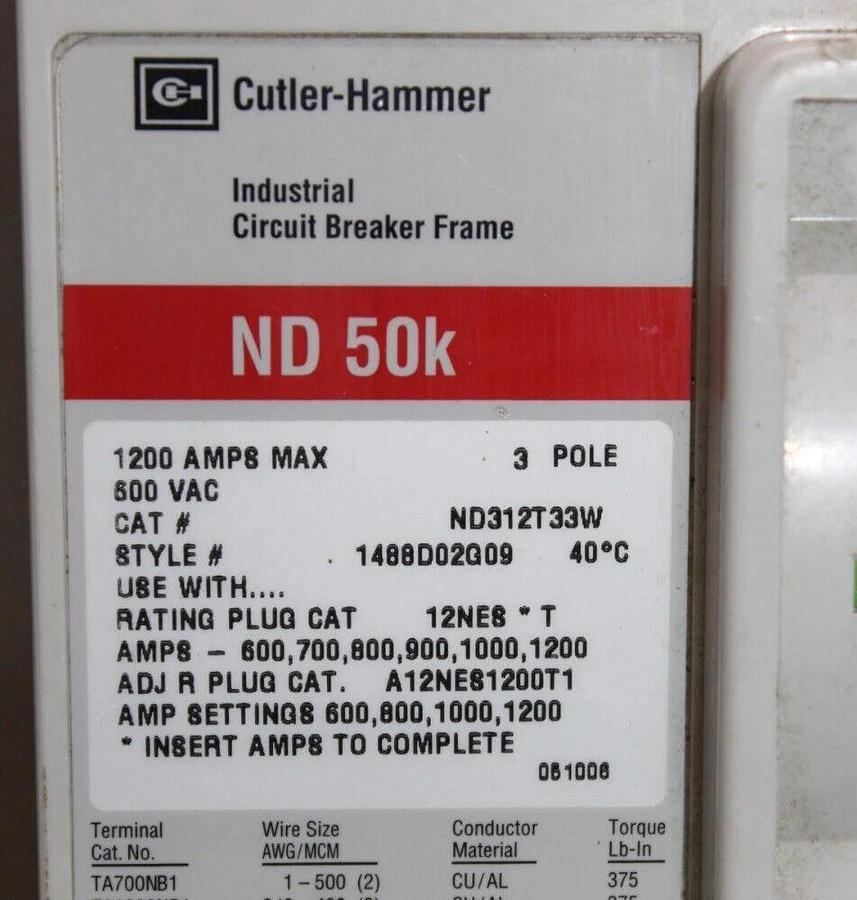 Used CUTLER HAMMER CIRCUIT BREAKER ND312T33W 1200 AMP FRAME 900 AMP TRIP 600 VAC