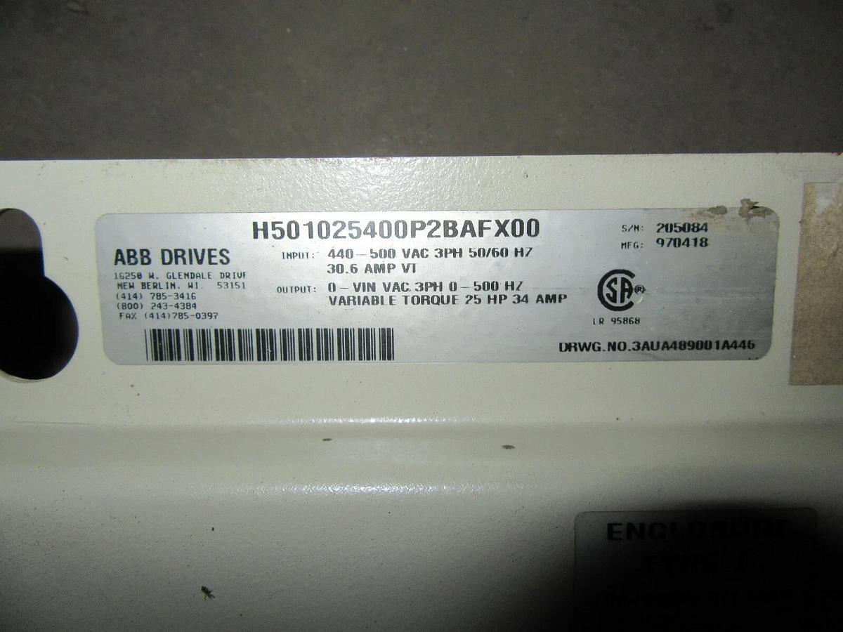 Used ABB VARIABLE SPEED DRIVE H501023400 ACH501-025-4-00P2 INPUT: 480V OUTPUT: 25 HP