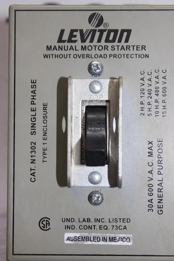 Used LEVITON MANUAL MOTOR STARTER N1302 SINGLE PHASE 30 AMP 600 VAC 15 HP