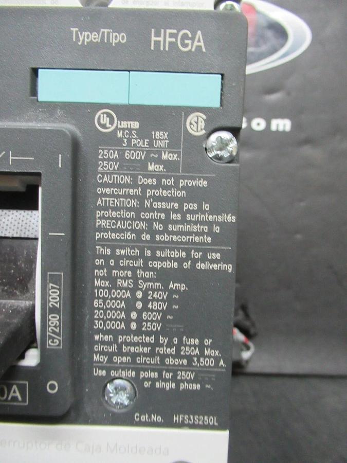 Used SIEMENS CIRCUIT BREAKER HFS3S250L TYPE: HFGA FRAME: FG 200 AMP 600 VAC 3-POLE