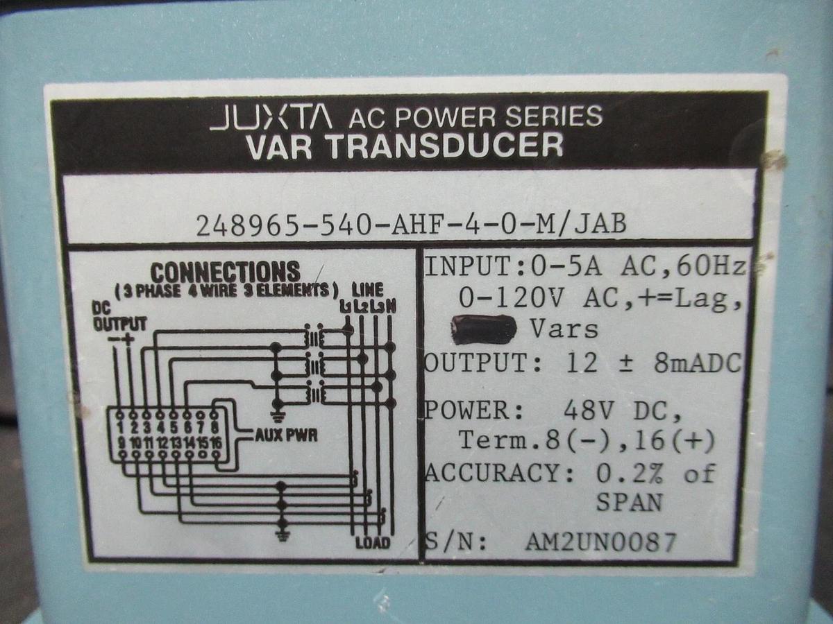 Used YOKOGAWA JUXTA VAR TRANSDUCER 248965-540-AHF-4-0-M/JAB 120V 5A 3-PHASE 4-WIRE