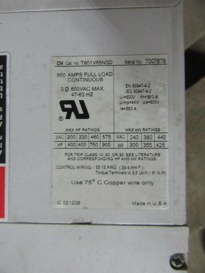 Used 650 AMP CONTINUOUS CUTLER HAMMER INSIDE THE DELTA - SOFT STARTER T801V65N3D