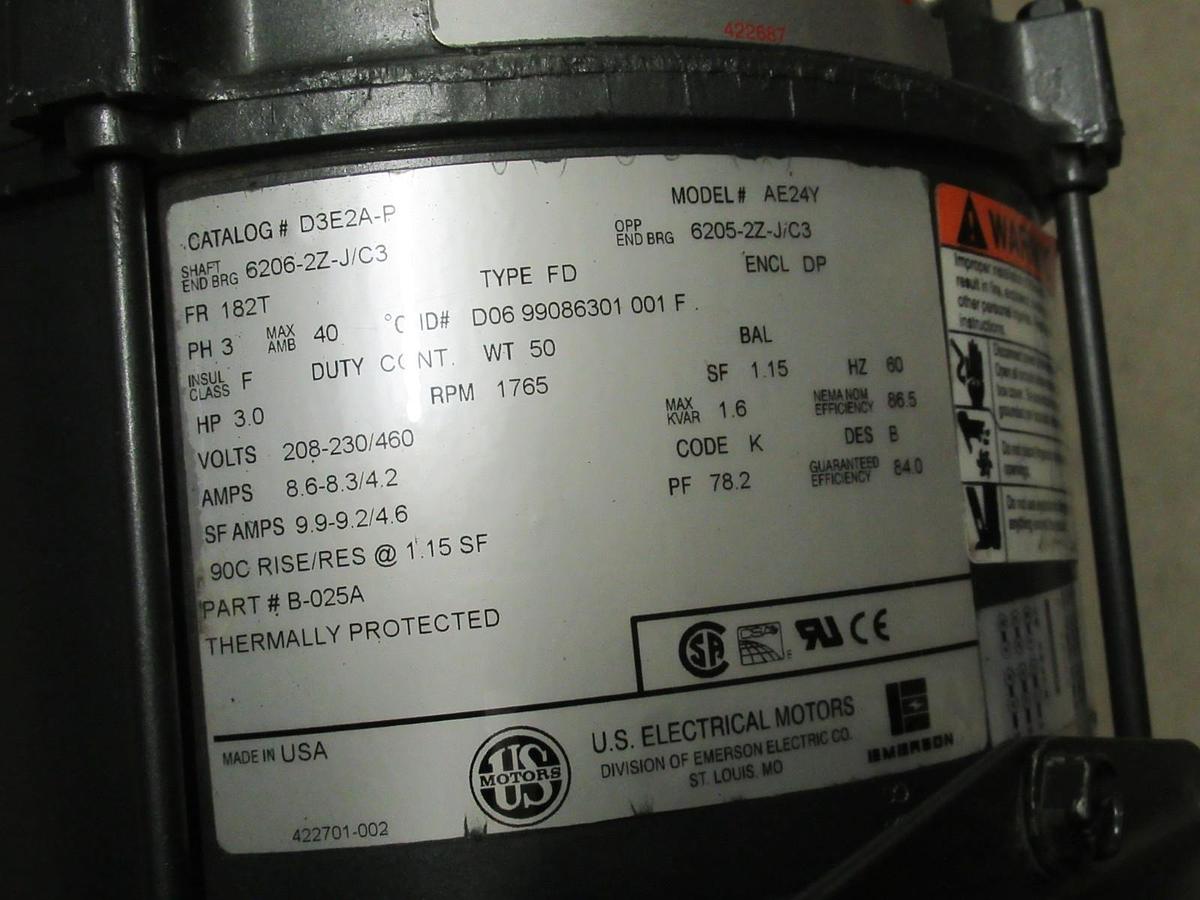 Used US MOTORS AC MOTOR D3E2A-P AE24Y 208 230 460V 60HZ 3HP 3PHASE 1765RPM ENCL. DP