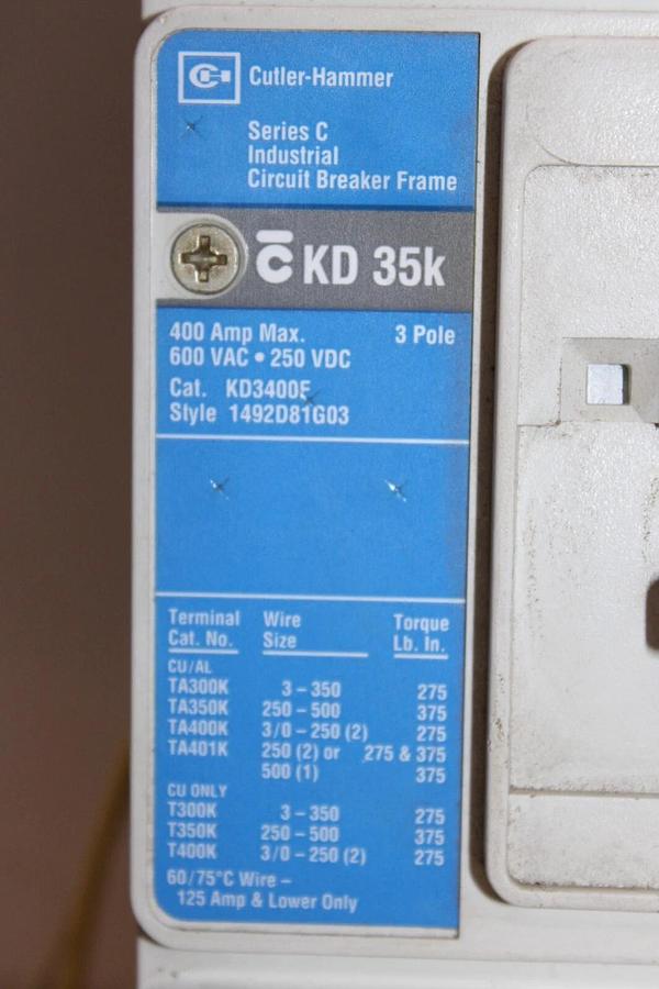 Used CUTLER HAMMER CIRCUIT BREAKER KD3400F 350 AMP TRIP 600 VAC 3-POLE W/ SHUNT TRIP