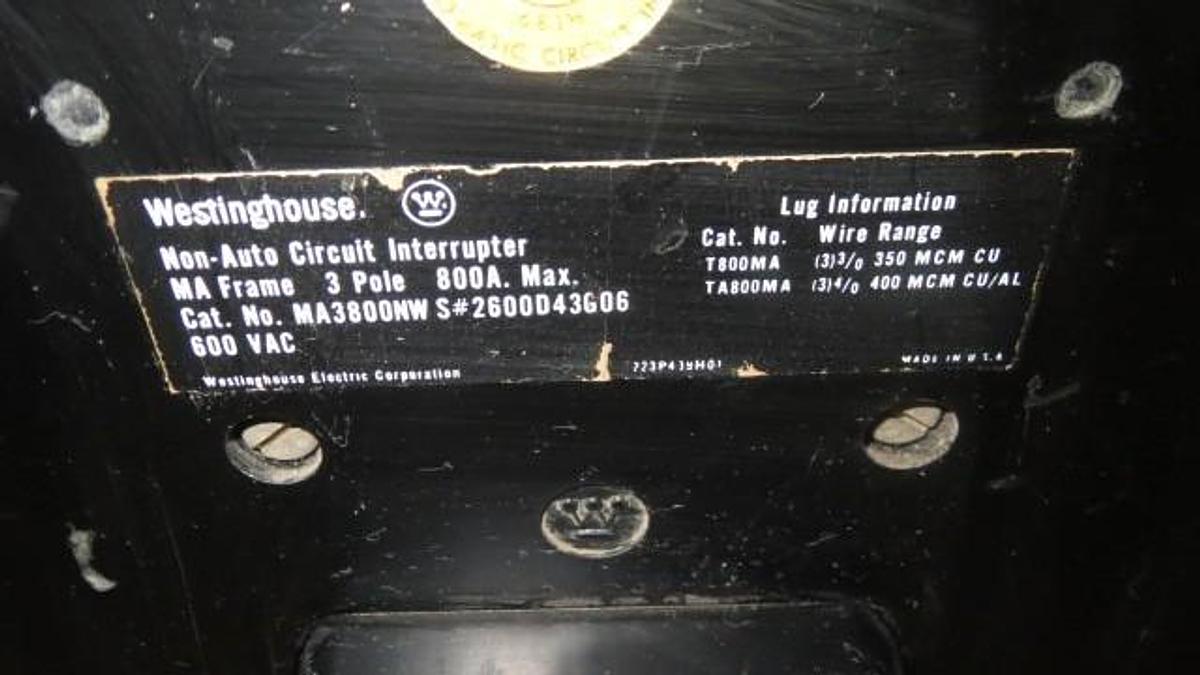 Used WESTINGHOUSE MA FRAME BREAKER 800 AMP 600 VAC 3 POLE MODEL MA3800NW **WARRANTY**