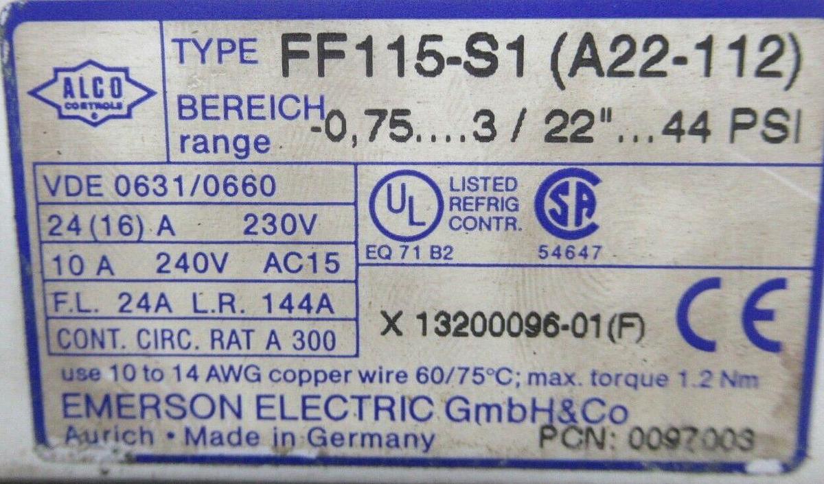 Used ALCO LOW PRESSURE CONTROL FF115-S1 (A22-112) 10 AMP 240 VAC 44 PSI **WARRANTY**