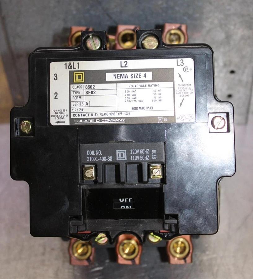 Used SQUARE D CONTACTOR 8502SF02 NEMA SIZE 4 600 VAC 100 HP COIL: 120 VOLT