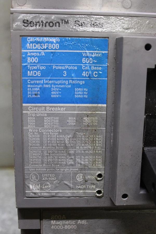 Used SIEMENS SENTRON CIRCUIT BREAKER MD63F800 800 AMP 600 VAC 3-POLE **WARRANTY**