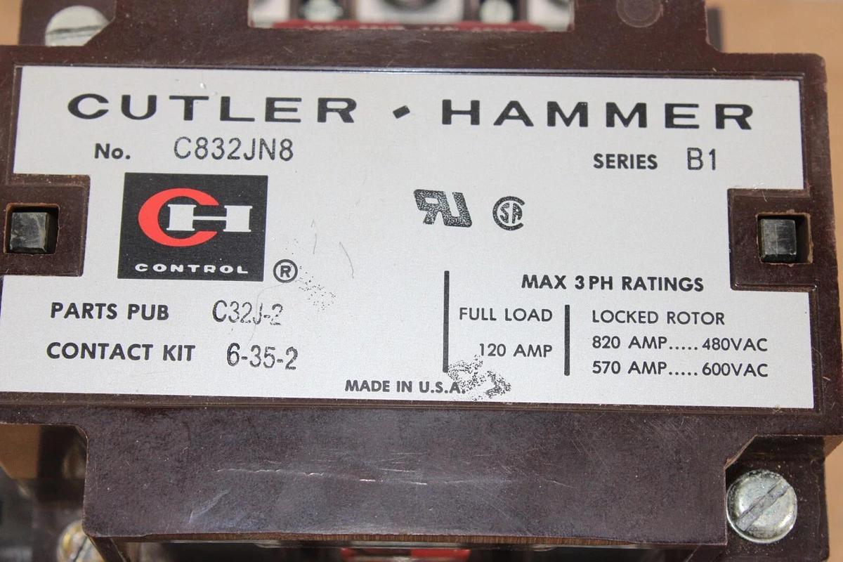 Used CUTLER HAMMER CONTACTOR C832JN8 120 AMP 600 VOLT 3-PHASE COIL: 120V **WARRANTY**
