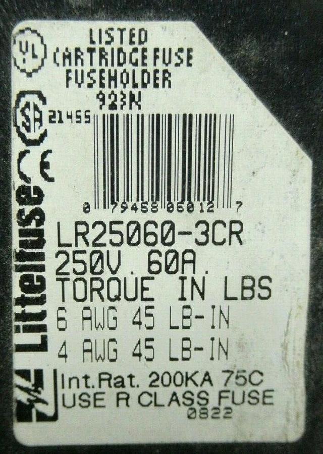 Used LITTELFUSE FUSE HOLDER LR25060-3CR FOR 60 AMP 250 V CLASS J FUSES **WARRANTY**
