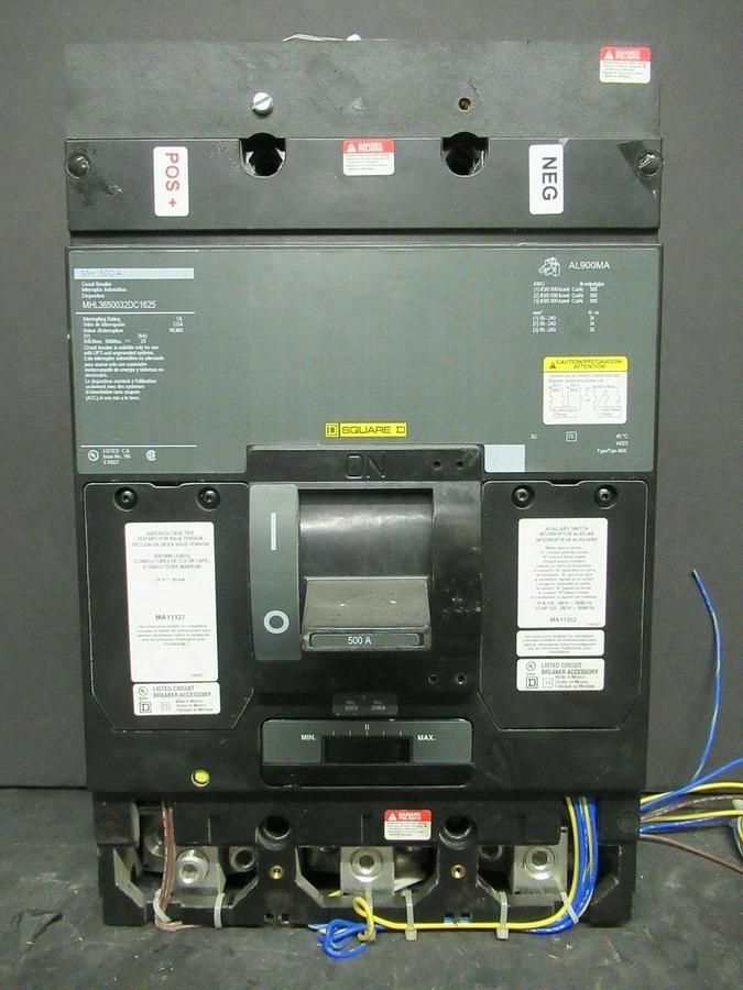 Used SQUARE D DC CIRCUIT BREAKER MHL3650032DC1625 500 AMP 600 VDC W/ UVR & AUX SWITCH