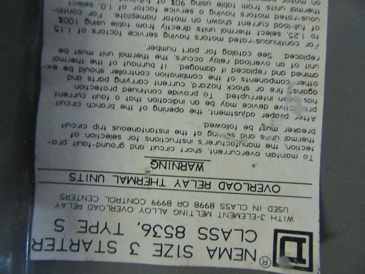 Used SQUARE D MCC FUSIBLE STARTER BUCKET 18" MODEL: 4 NEMA 3 W/8536-SEO1