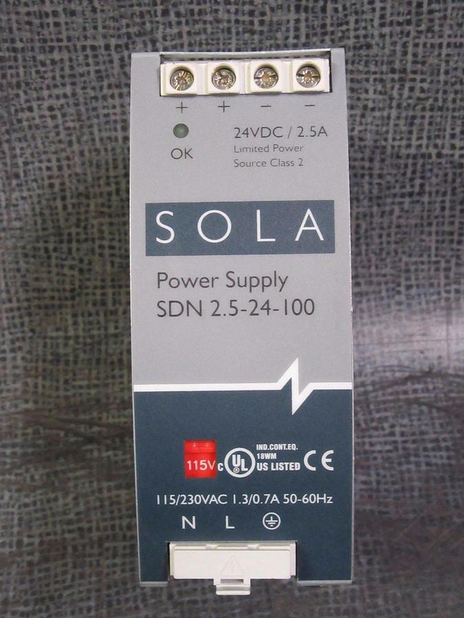 Used SOLA POWER SUPPLY 115/230 VAC IN 24 VDC 2.5 AMP  MODEL: SDN2.5-24-100